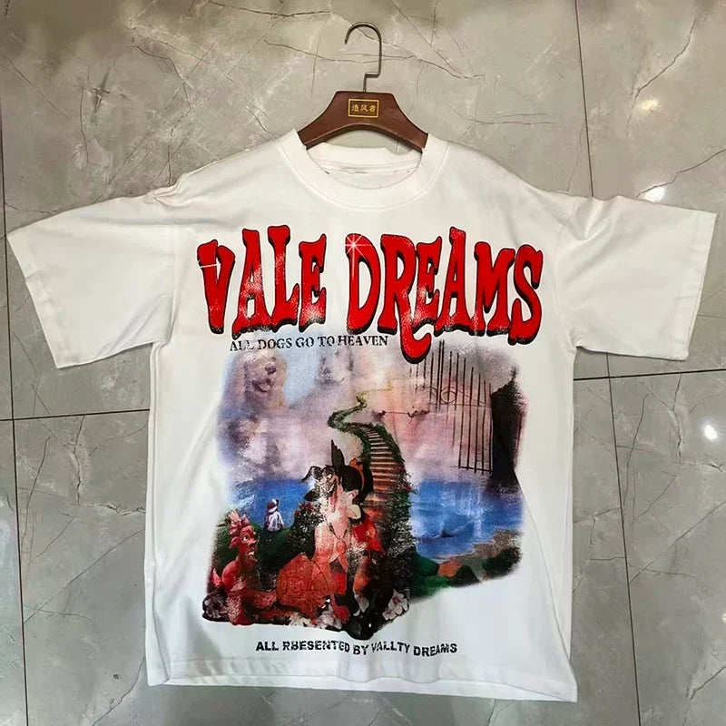 Valleydream White Red Bold Letter Surreal Scenery Vintage T-Shirt