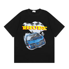 Rhude Racing Car Checkered Flag Graphic Short Sleeve T-Shirt