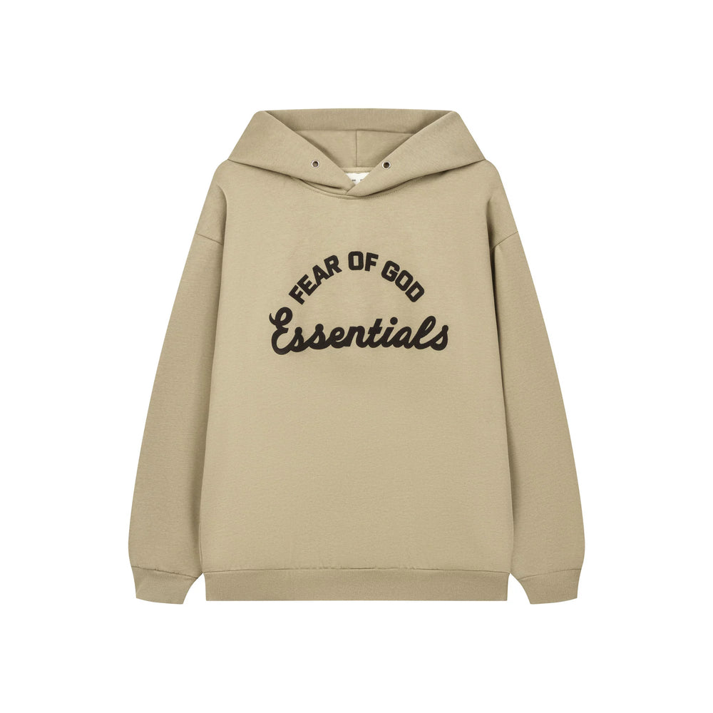 Fog Essentials Warm Neutral‑Tone Tan Loose‑Fit Pullover Hoodie With Chest Embroidery