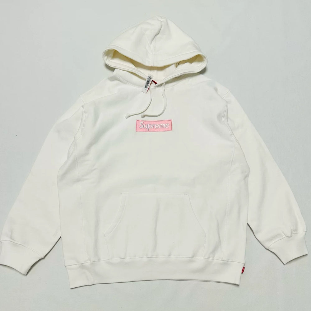 Supreme White Box‑Logo Pullover Hoodie Pink Chest Patch Logo Oversized Street Sweatshirt