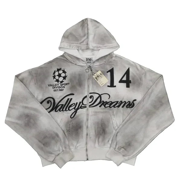 Valley Dreams No.14 Vintage Washed Cropped Zip‑Up Hoodie, Unisex Grey Streetwear Jacket