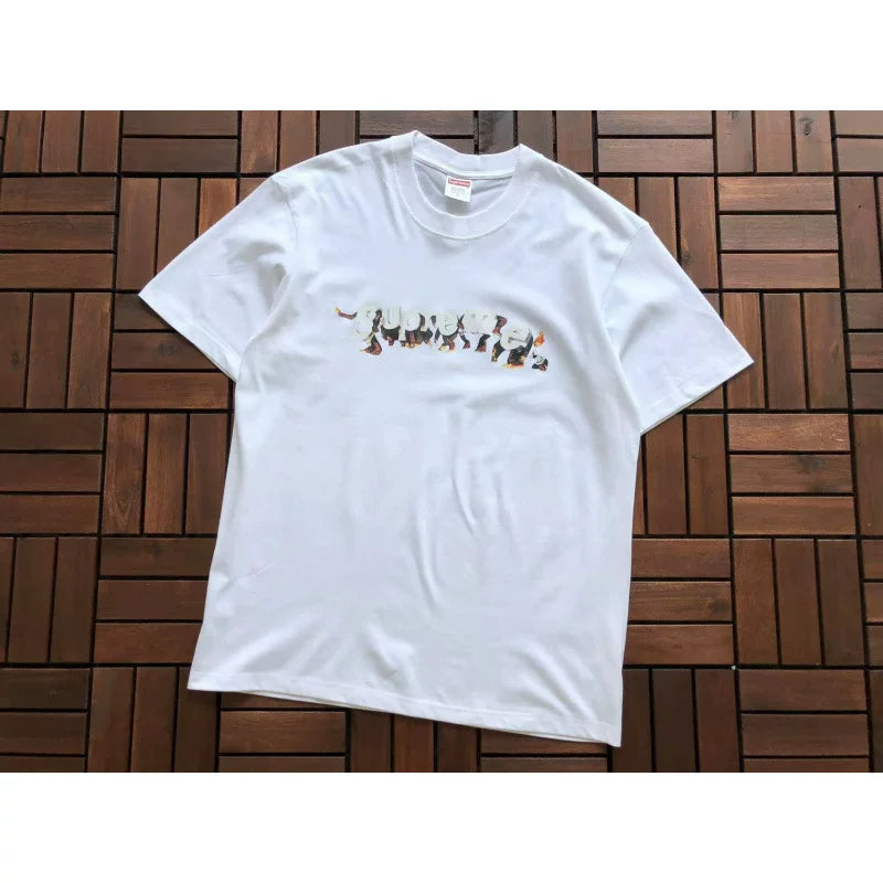 Supreme White Fire Letter Logo Short‑Sleeve T‑Shirt Trendy Casual Street Top
