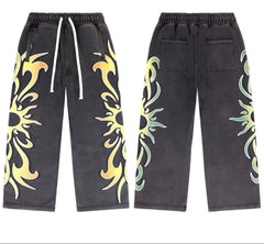 Valleydream Black Washed Tribal Sun Print Wide Leg Sweatpants