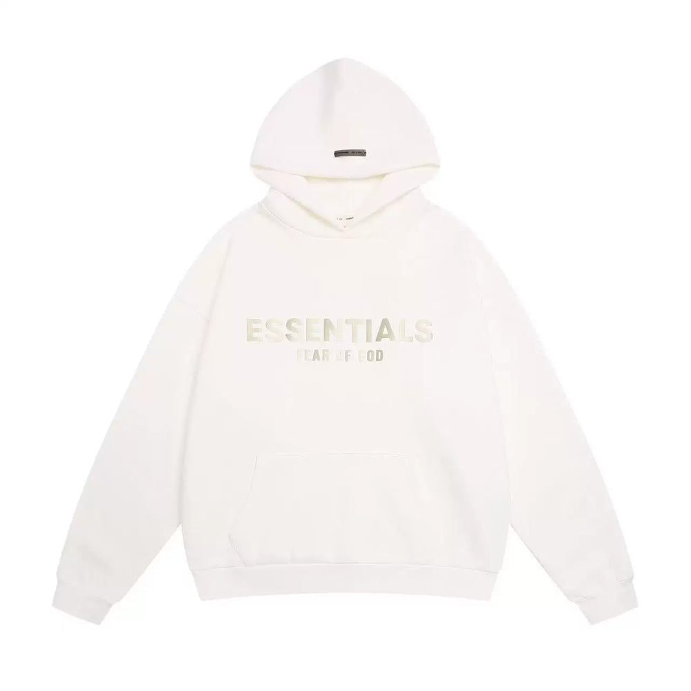 Fog Essentials Cream Off‑White Subtle Metallic Logo Hoodie, Relaxed‑Fit Neutral Pullover Sweatshirt