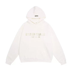 Fog Essentials Cream Off‑White Subtle Metallic Logo Hoodie, Relaxed‑Fit Neutral Pullover Sweatshirt