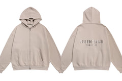 Fog Essentials Light Taupe Zip‑Up Hoodie, Metallic Silver Back Logo Oversized Street Jacket
