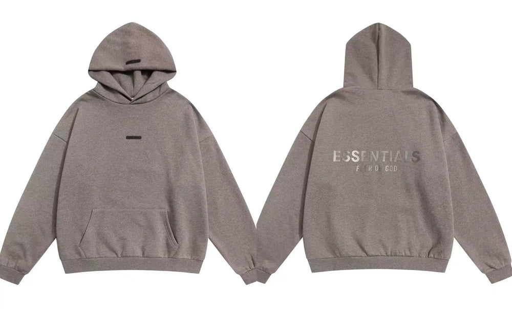 Fog Essentials Muted Dark‑Tone Back Print Hoodie, Drop‑Shoulder Cozy Loose Sweatshirt