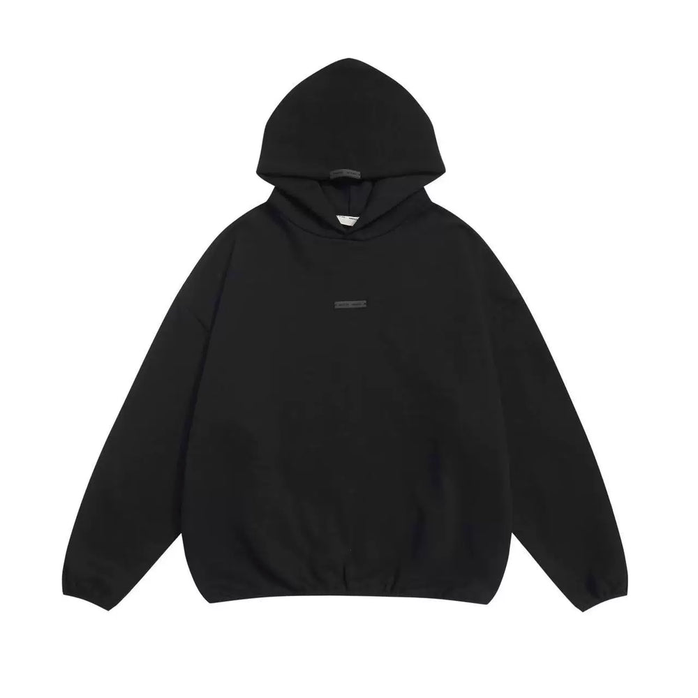 Fog Essentials Plain Black Tiny Tag Hoodie, Oversized Minimal Street‑Wear Pullover Sweatshirt