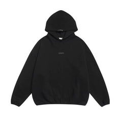 Fog Essentials Plain Black Tiny Tag Hoodie, Oversized Minimal Street‑Wear Pullover Sweatshirt