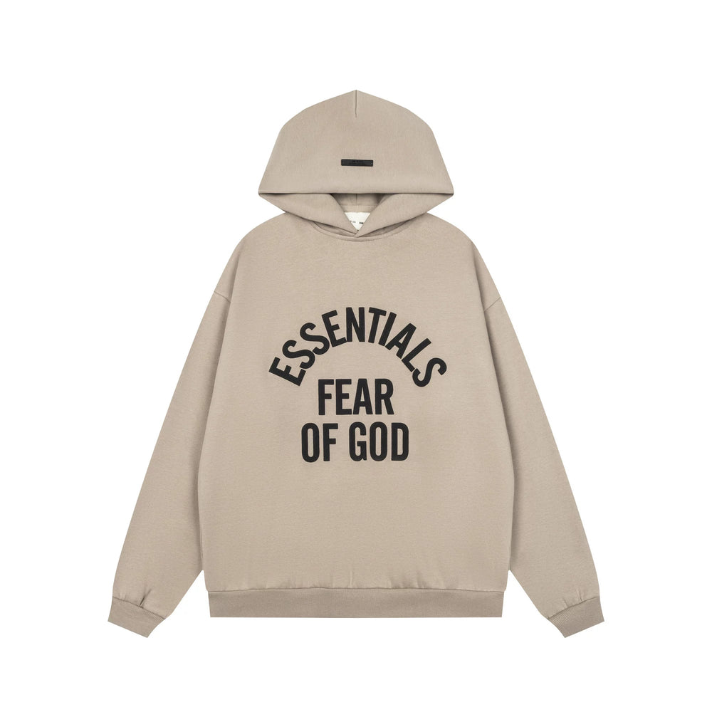 Fog Essentials Beige Oversized Arch Logo Pullover Hoodie Drop‑Shoulder Street Sweatshirt