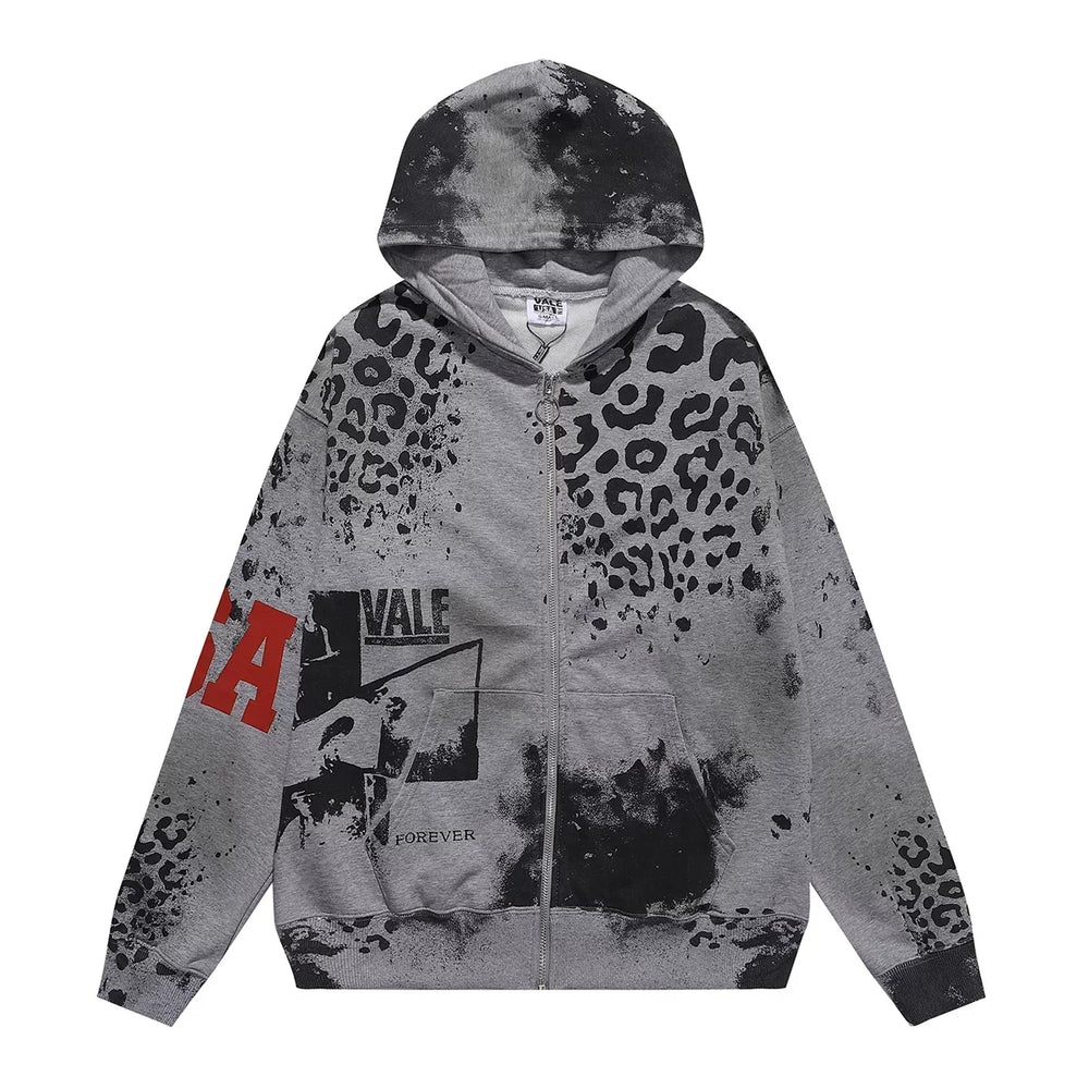VALEFOREVER Grey Leopard Print Vintage Zip Up Hoodie