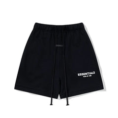 Fog Essentials Black Elastic Waist Drawstring White Logo Print Casual Street‑Wear Sweat Shorts