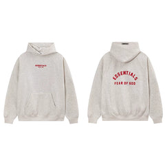 Fog Essentials Oatmeal Cream Fleece‑Lined Oversized Pullover Hoodie Arch Red Logo