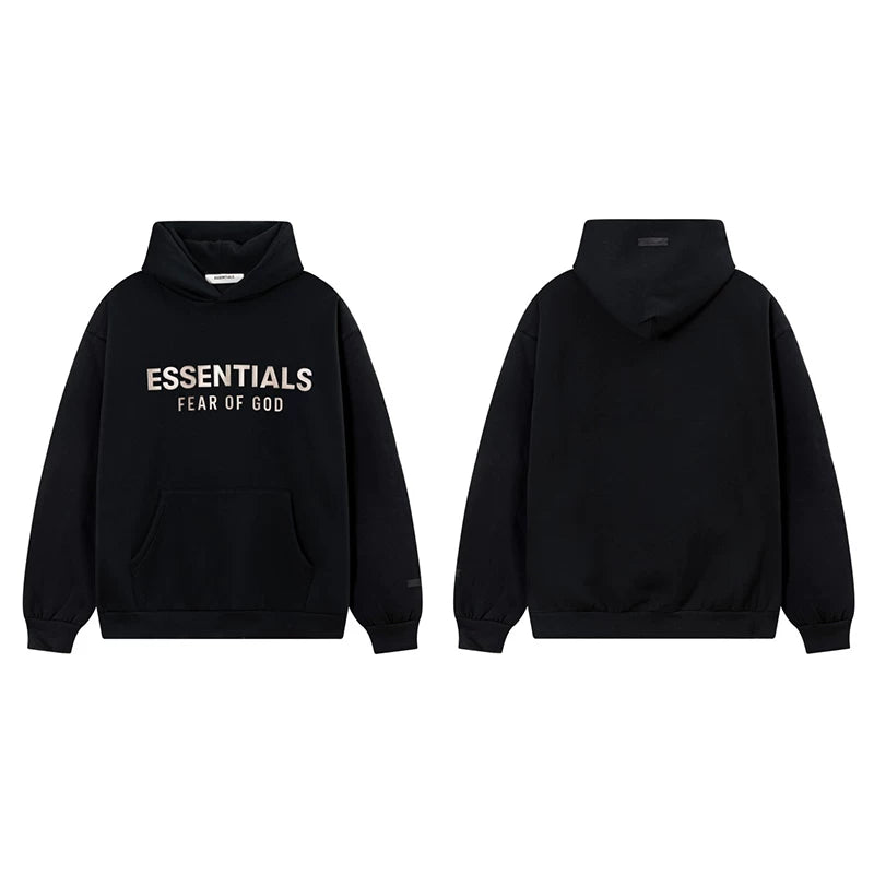Fog Essentials Black Fleece‑Lined Oversized Pullover Hoodie Metallic Chest Logo