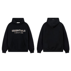 Fog Essentials Black Fleece‑Lined Oversized Pullover Hoodie Metallic Chest Logo