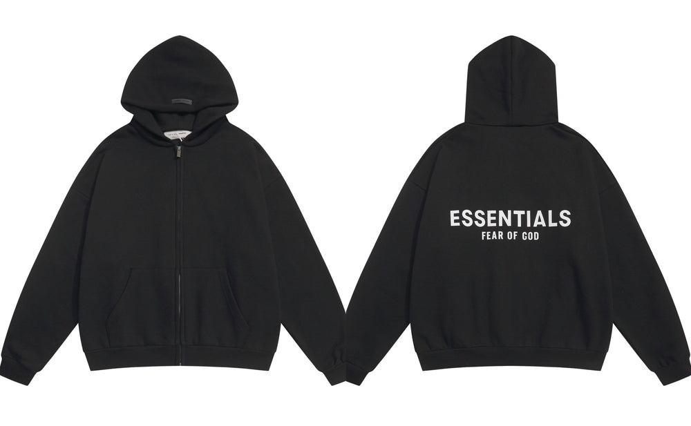 Fog Essentials Black Zip‑Up Hoodie, Contrast White Bold Back Logo Oversized Street‑Wear Jacket