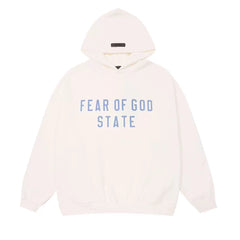 Fog Essentials Off‑White Oversized Hoodie Blue “FEAR OF GOD STATE” Chest Print