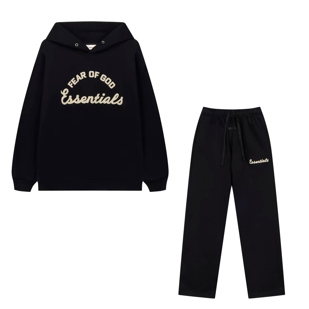 Fog Essentials Contrast‑Logo Black Hoodie & Straight‑Leg Sweatpants Unisex Street‑wear 2‑Piece Suit