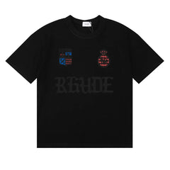 rhude复古标语徽标logo印花小众潮牌圆领宽松短袖T恤男女情侣装 (2)