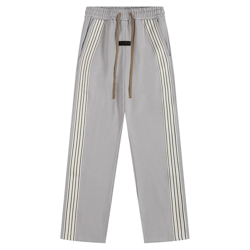 Fog Essentials Light Grey Side‑Stripe Straight‑Leg Casual Sweatpants Streetwear Trousers