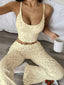 Soft Girl Ribbed Ivory Wildberry Print Sleep Set - Tight Camisole & Flared Trousers