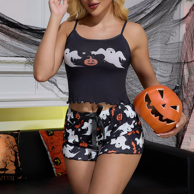 Sexy Halloween Pajamas Set - Spooky Ghost & Pumpkin Graphic Cami & Shorts Hover Image