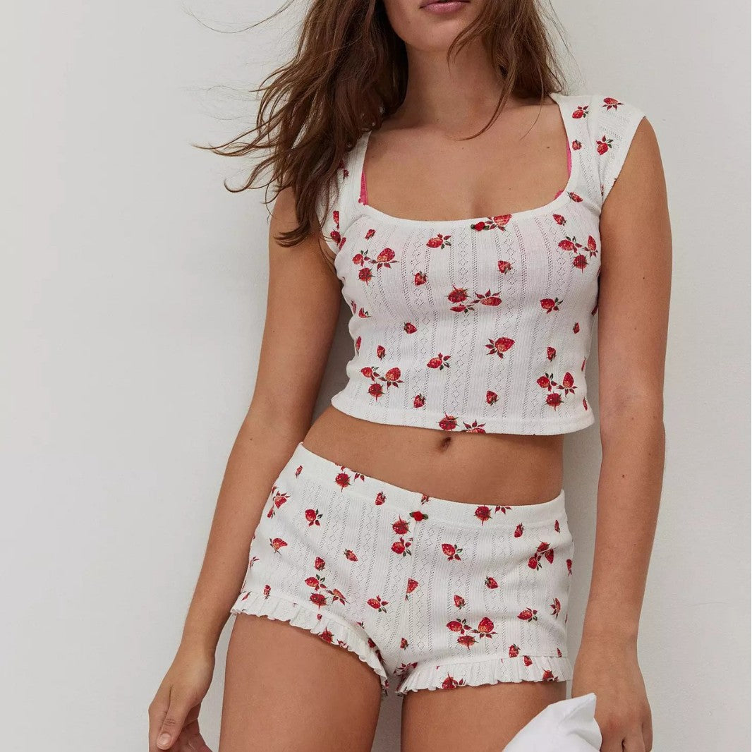 Coquette Aesthetic Strawberry Print Pointelle Knit Lounge Set