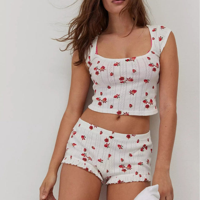 Coquette Aesthetic Strawberry Print Pointelle Knit Lounge Set Hover Image
