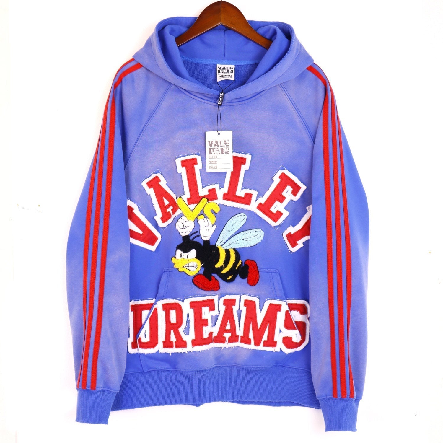 Valley Dreams Cartoon Bee Chenille Patch Pullover Hoodie, Blue Vintage Distressed Striped‑Sleeve Streetwear Unisex Sweatshirt