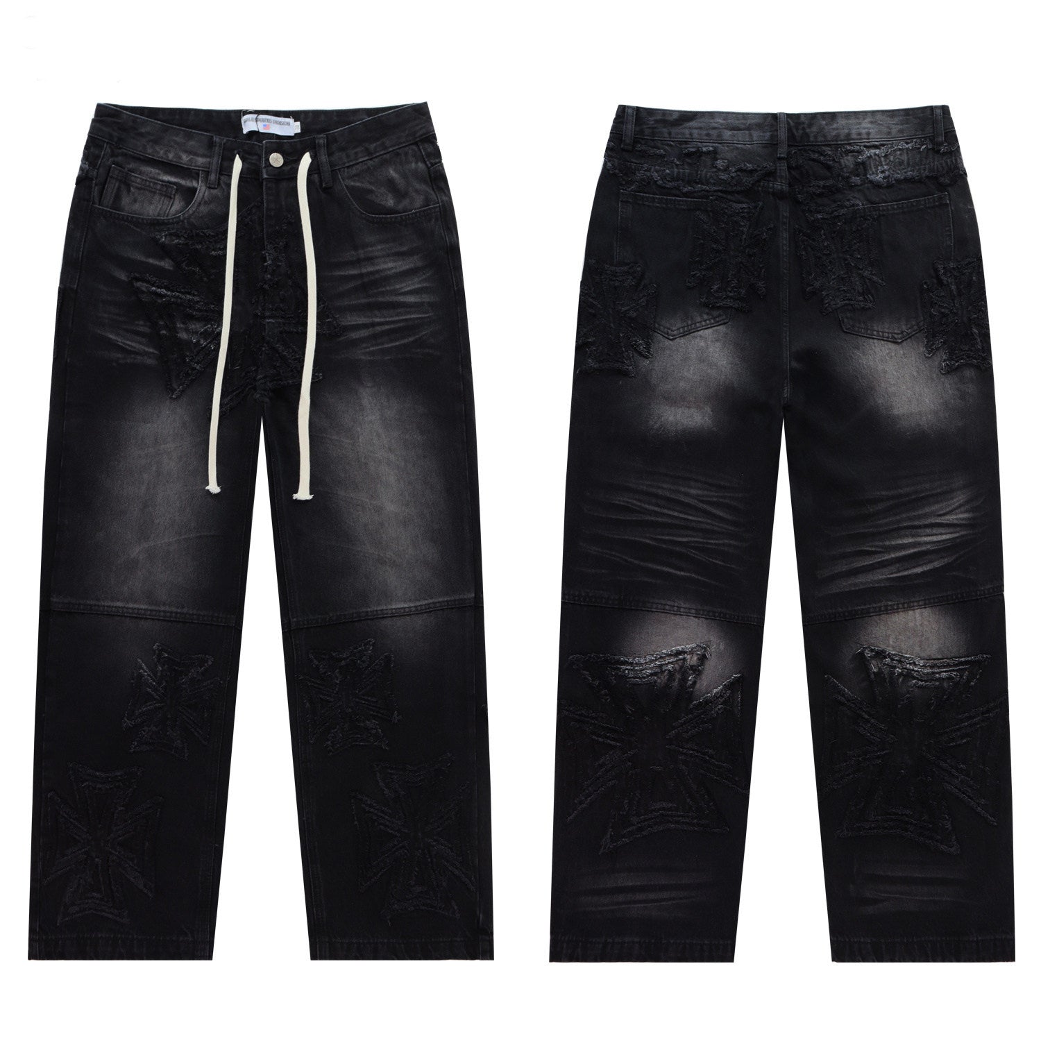 VALLEY Vintage Cross‑Shaped Towel‑Embroidered Baggy Jeans, Washed‑Black Unisex Streetwear Denim Pants