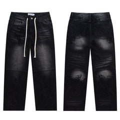 VALLEY Vintage Cross‑Shaped Towel‑Embroidered Baggy Jeans, Washed‑Black Unisex Streetwear Denim Pants