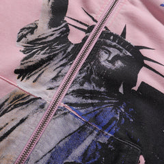 Valley Dreams Statue Of Liberty Cityscape Zip‑Up Hoodie, Pink Vintage Oversized Streetwear Unisex Jacket