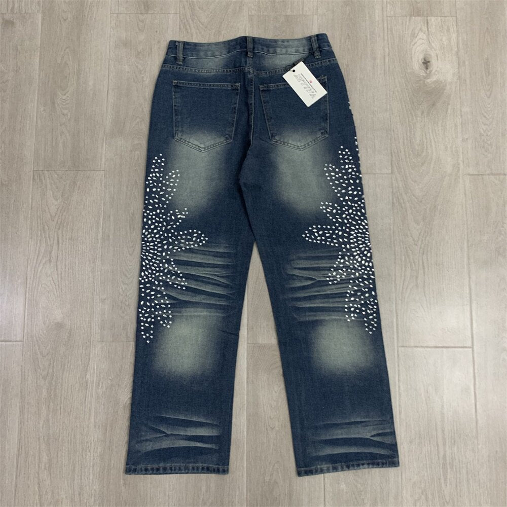 VALLEY White Dots Print Distressed Washed‑Blue Straight‑Leg Jeans, Y2K Streetwear Unisex Denim Pants