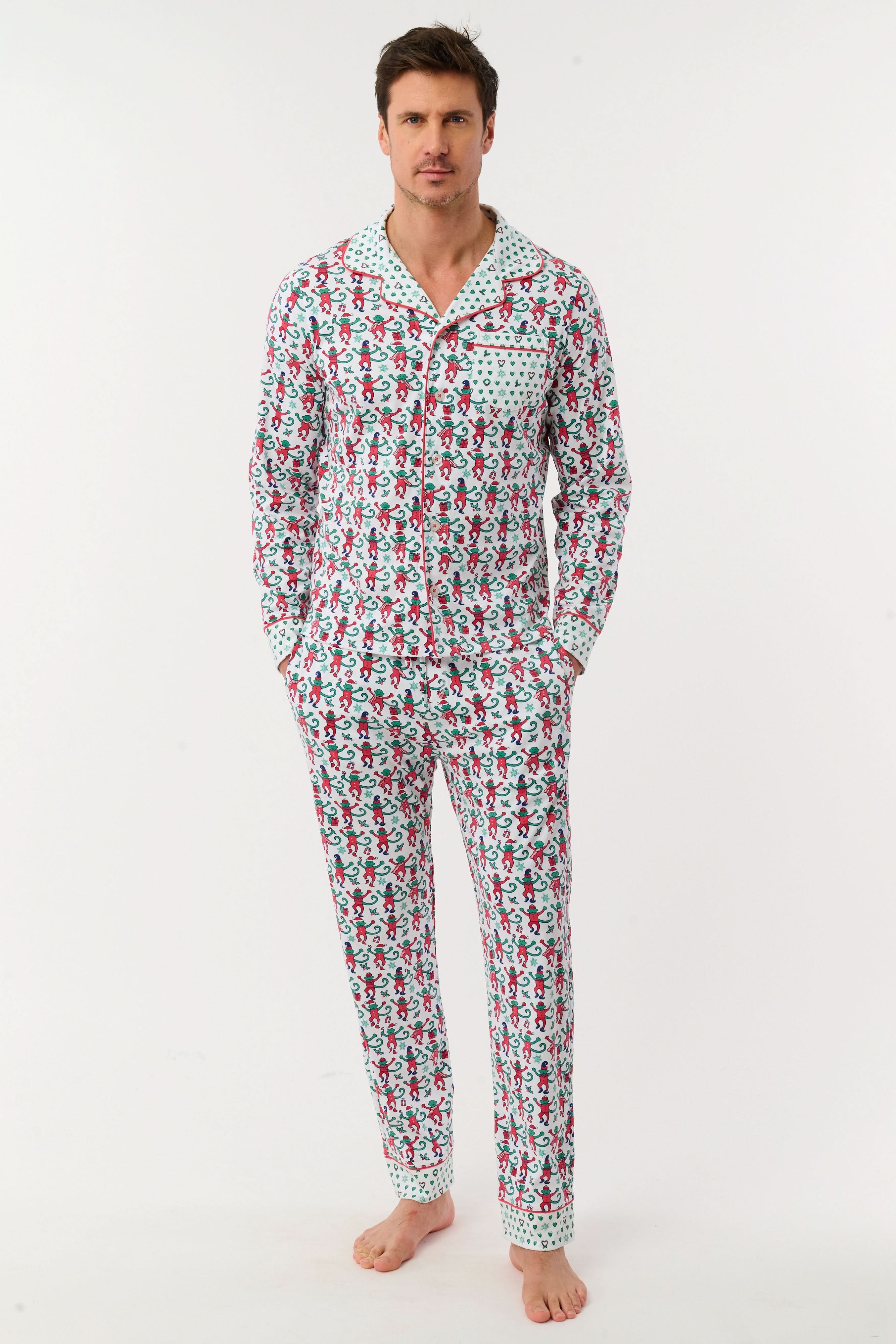 Mens Monkey Mas Patchwork Long Sleeve Polo Pajamas