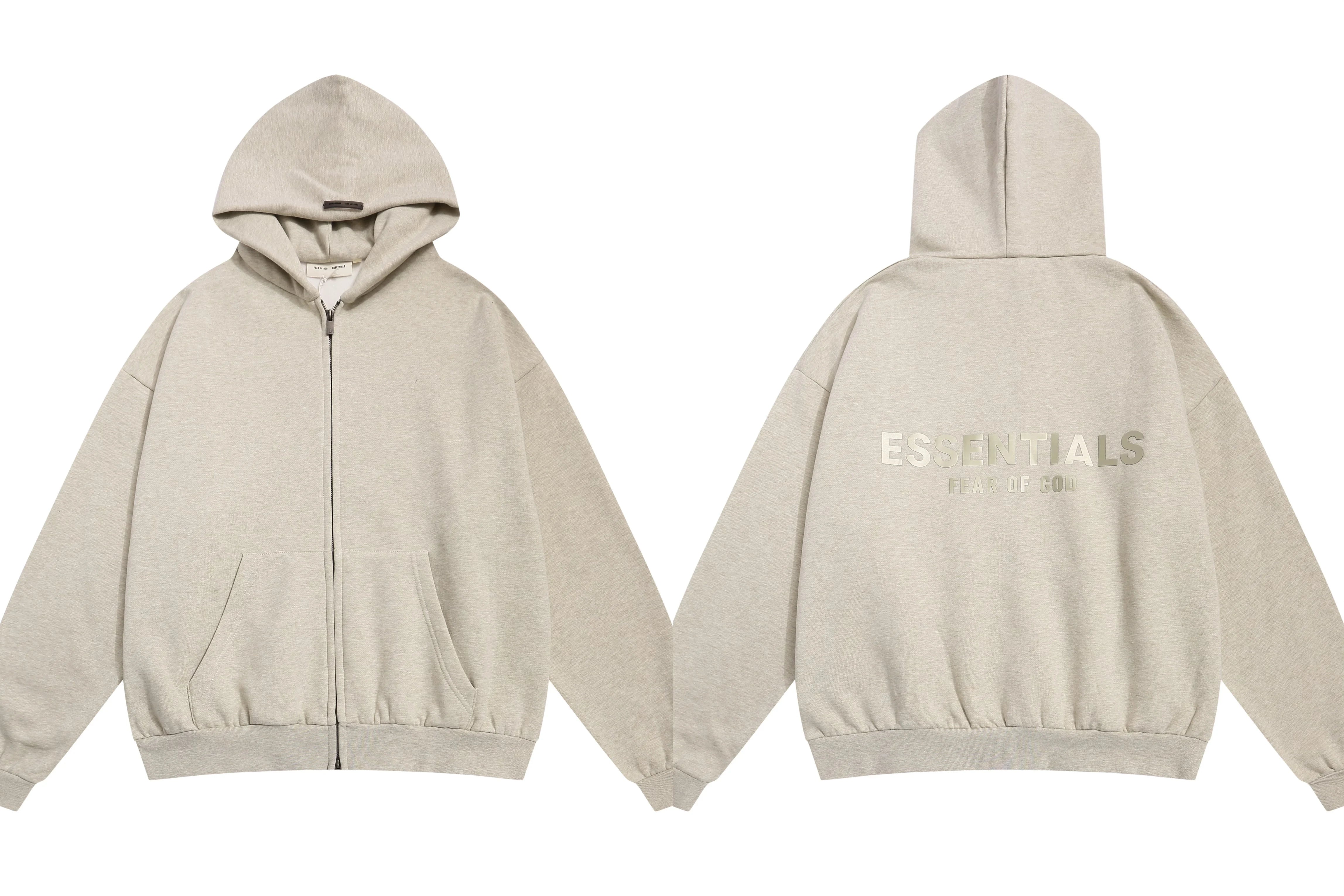 Fog Essentials Heather Oatmeal Zip‑Up Hoodie, Gold‑Tone Back Logo Oversized Outerwear