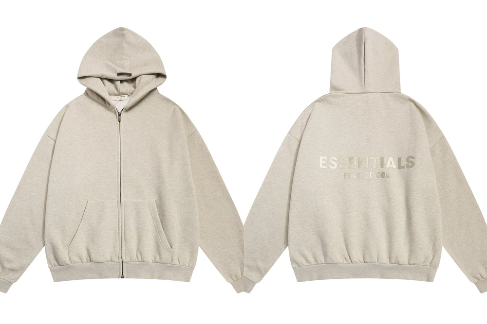 Fog Essentials Heather Oatmeal Zip‑Up Hoodie, Gold‑Tone Back Logo Oversized Outerwear