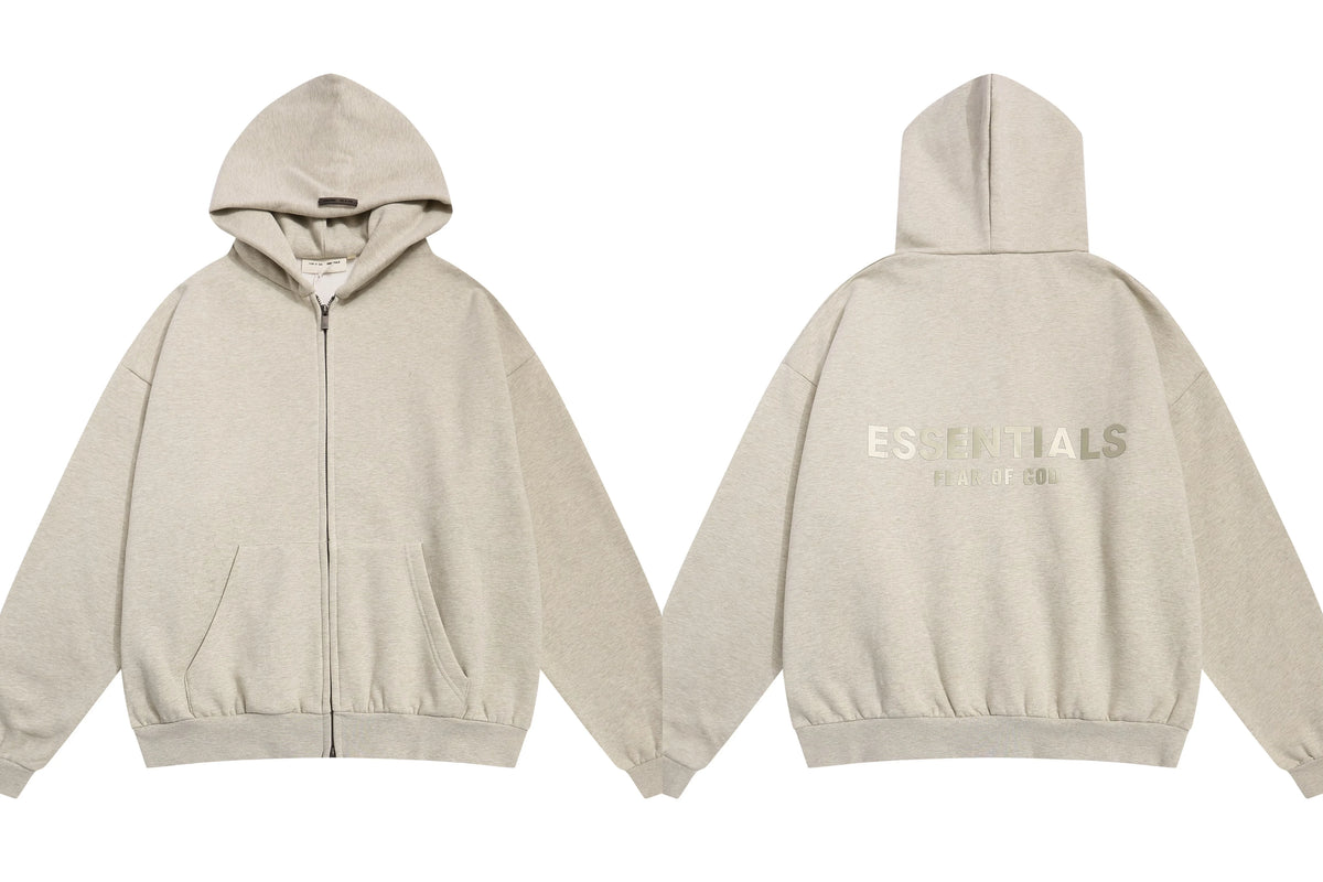Fog Essentials Heather Oatmeal Zip‑Up Hoodie, Gold‑Tone Back Logo Oversized Outerwear