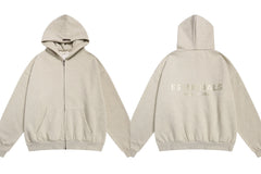 Fog Essentials Heather Oatmeal Zip‑Up Hoodie, Gold‑Tone Back Logo Oversized Outerwear