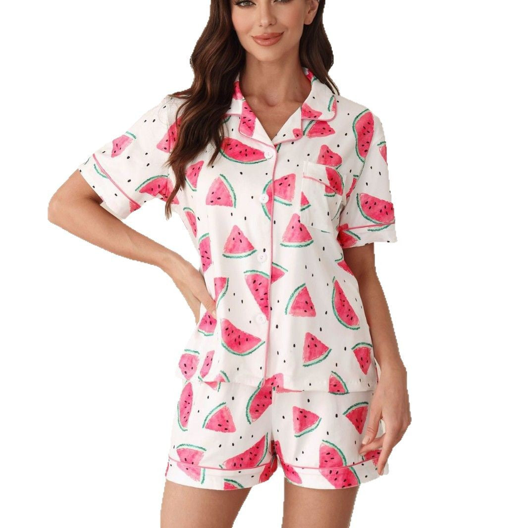 European and American cross-border new cardigans, pajamas, fashionable fruit prints, casual cardigans, short sleeved shorts, home clothes set for women (2)