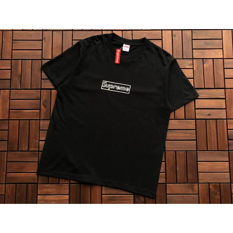 Supreme Black Sketch Outline Box Logo Short‑Sleeve T‑Shirt Minimal Street‑Wear Tee