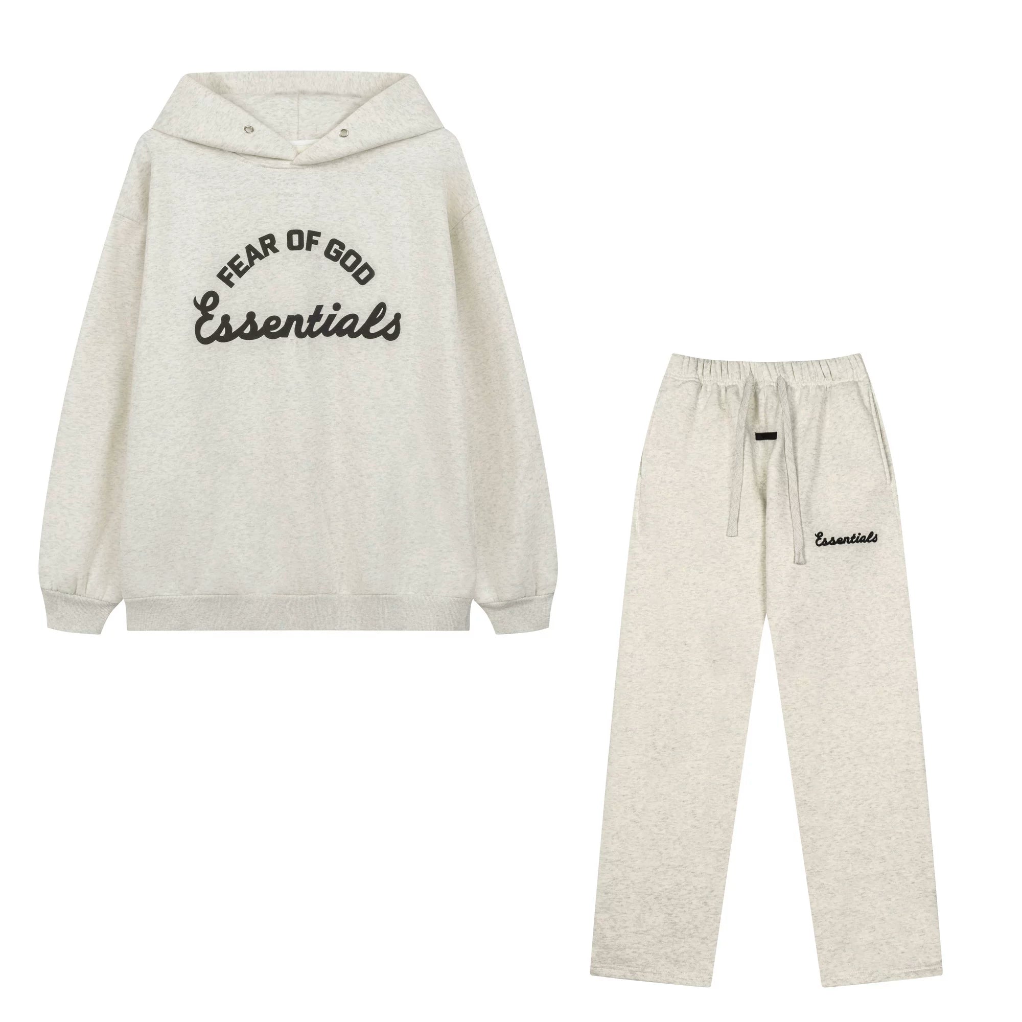Fog Essentials Curved Logo Oatmeal Heather Oversized Hoodie Straight‑Leg Sweatpants 2‑Piece Tracksuit