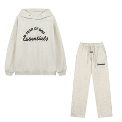Fog Essentials Curved Logo Oatmeal Heather Oversized Hoodie Straight‑Leg Sweatpants 2‑Piece Tracksuit