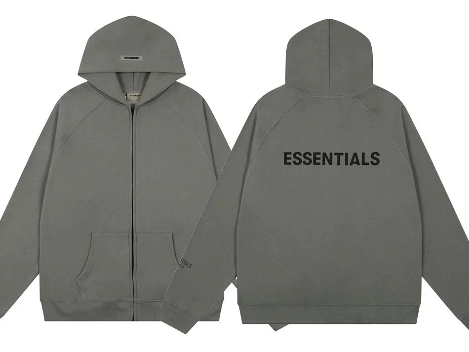 Fog Essentials Grey Oversized Full‑Zip Hoodie With Back “ESSENTIALS” Logo Print