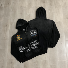 VALEFOREVER Black Vintage Crest Graphic Zip Up Hoodie