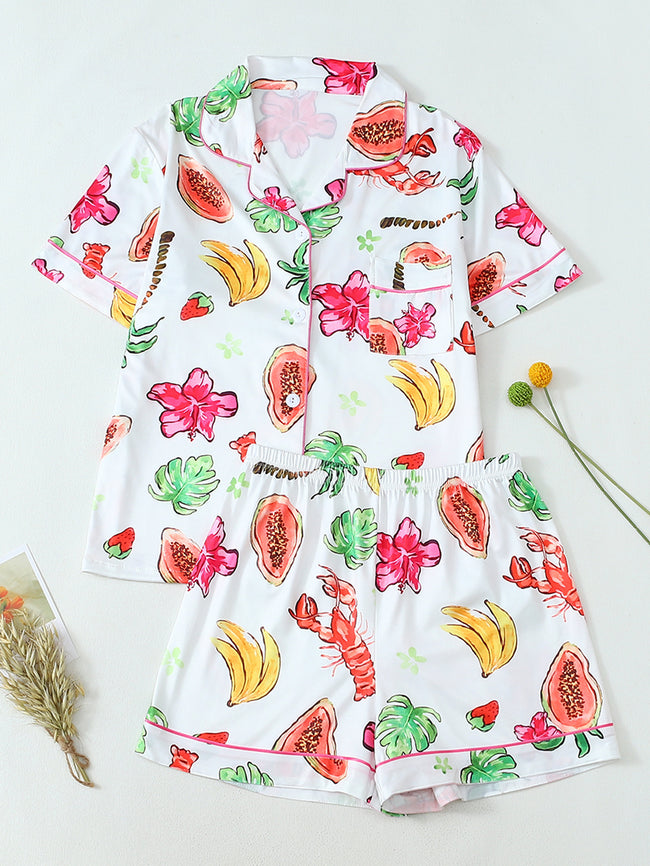 European and American cross-border new cardigans, pajamas, fashionable fruit prints, casual cardigans, short sleeved shorts, home clothes set for women (4) Hover Image