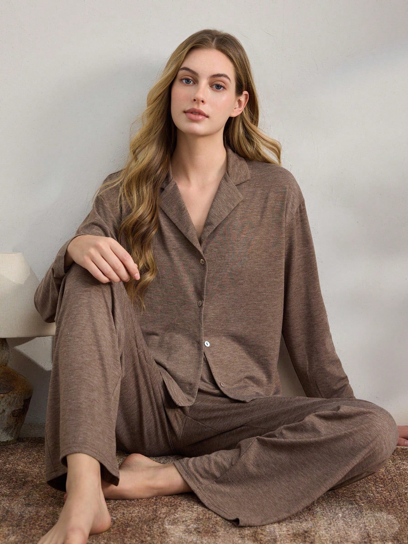 Brown Knit Long Sleeve Button-Down Pajama Set