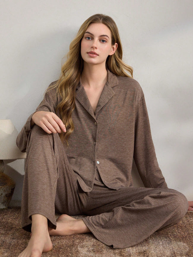 Brown Knit Long Sleeve Button-Down Pajama Set Hover Image