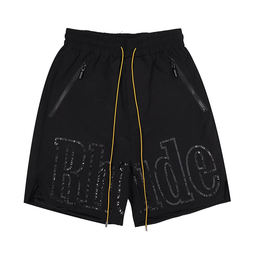 Rhude Large Black Glitch‑Effect Logo Print Drawstring Black Streetwear Shorts