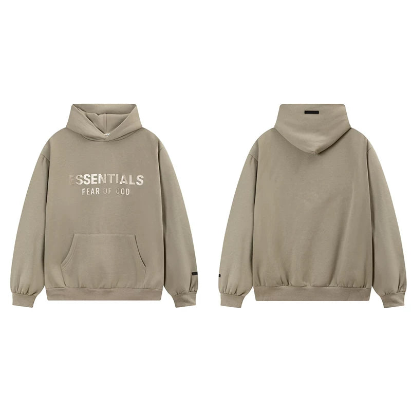 Fog Essentials Taupe Khaki Fleece‑Lined Oversized Pullover Hoodie Chest Logo
