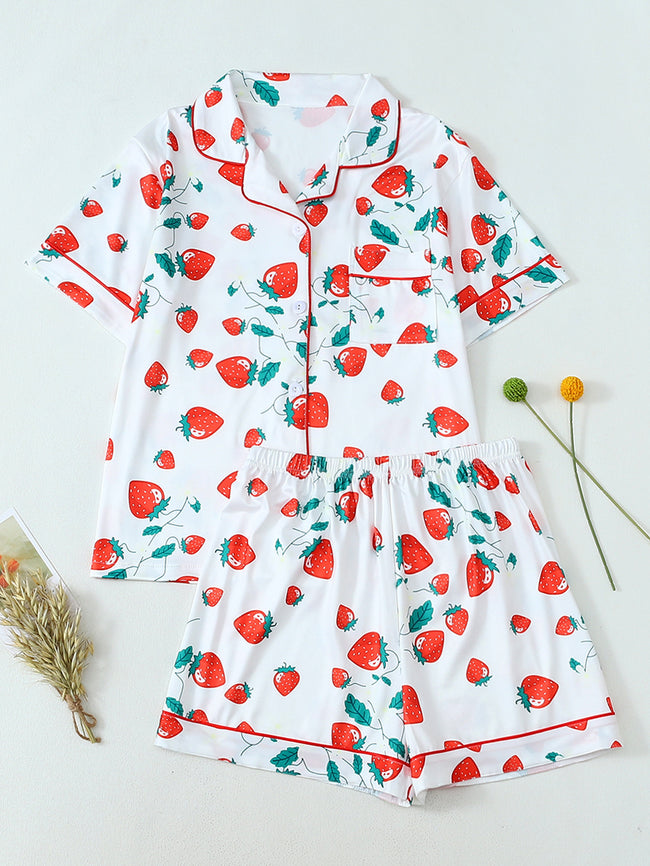 European and American cross-border new cardigans, pajamas, fashionable fruit prints, casual cardigans, short sleeved shorts, home clothes set for women (3) Hover Image